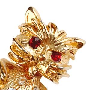 VTG 60s Cat Brooch Red Rhinestone Eyes Figural Mid Century Gold Tone Kitschy Pin